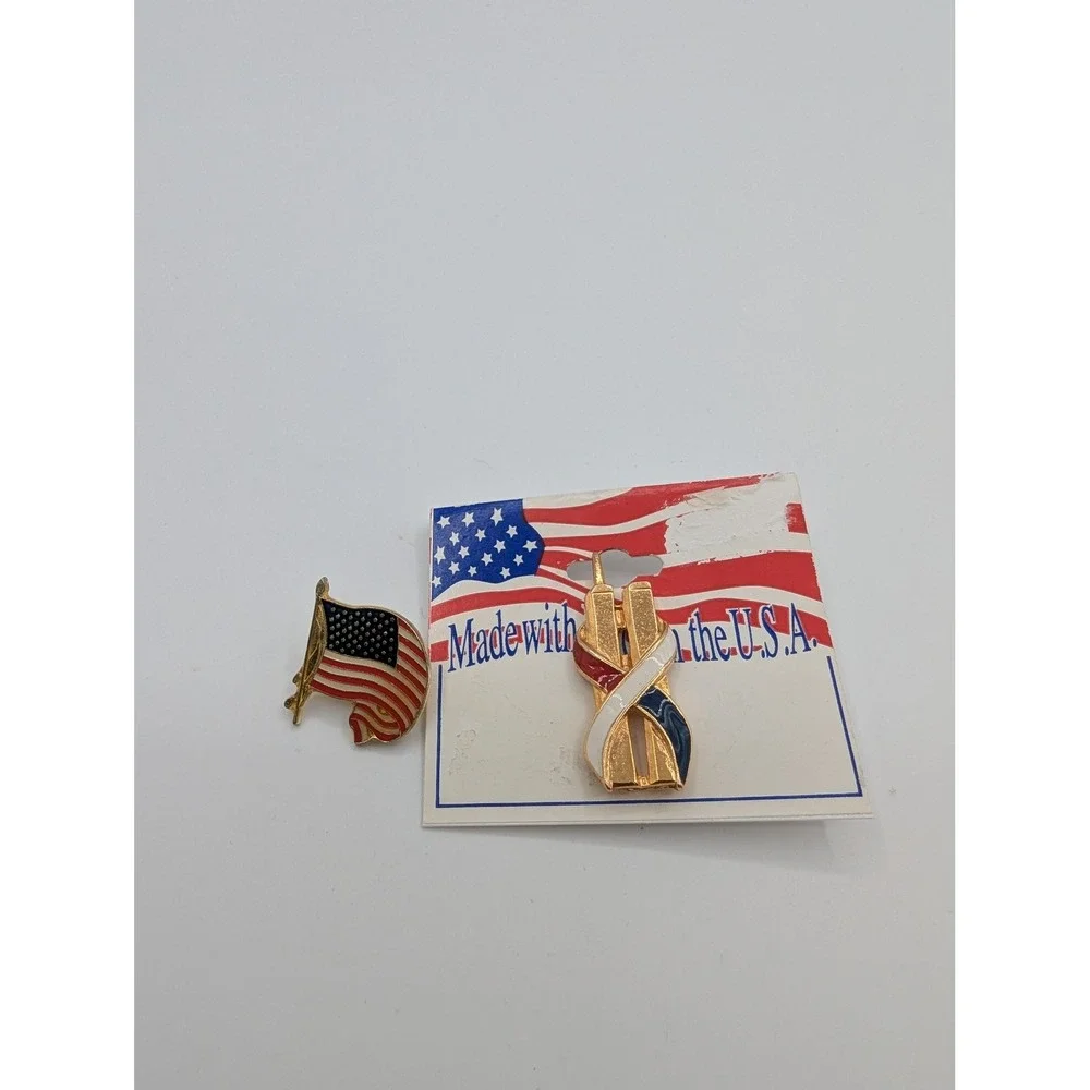 Patriotic American Flag & 9/11 Twin Towers Memorial Enamel Lapel Pin Set Gold